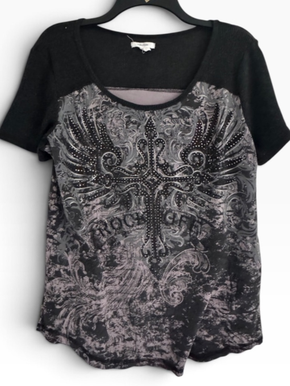 Maurices | Black & Gray Short Sleeve Top with Embellished Cross & Wings
